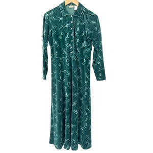 Vintage LL Bean Velour Maxi Dress 8 Long Sleeve Button Front Cottagecore Green